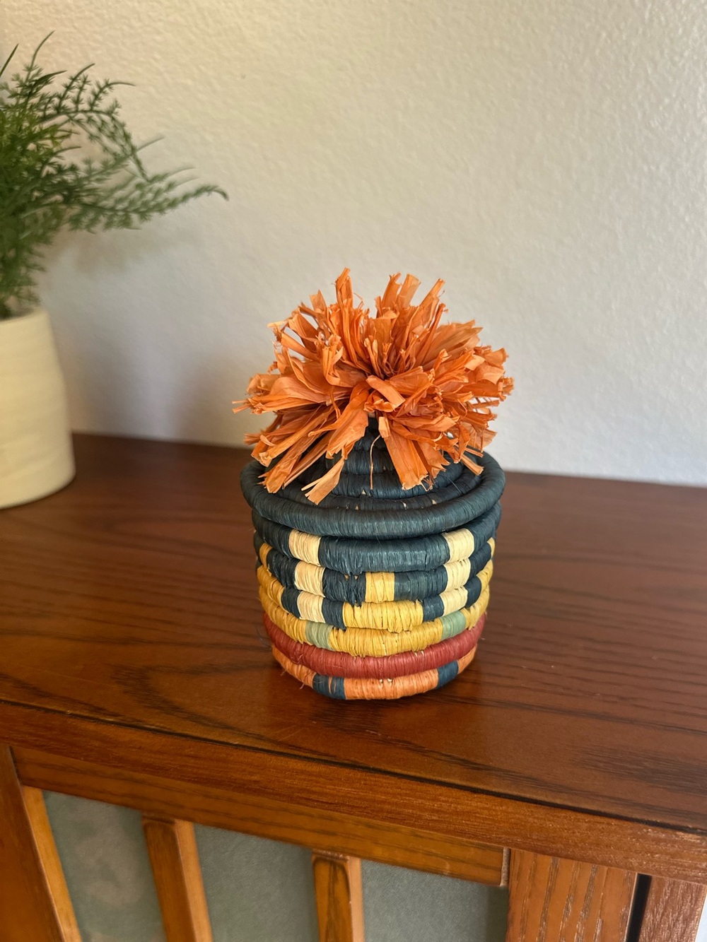 Handwoven Multicolor Raffia Trinket Jar with Orange Pom-Pom